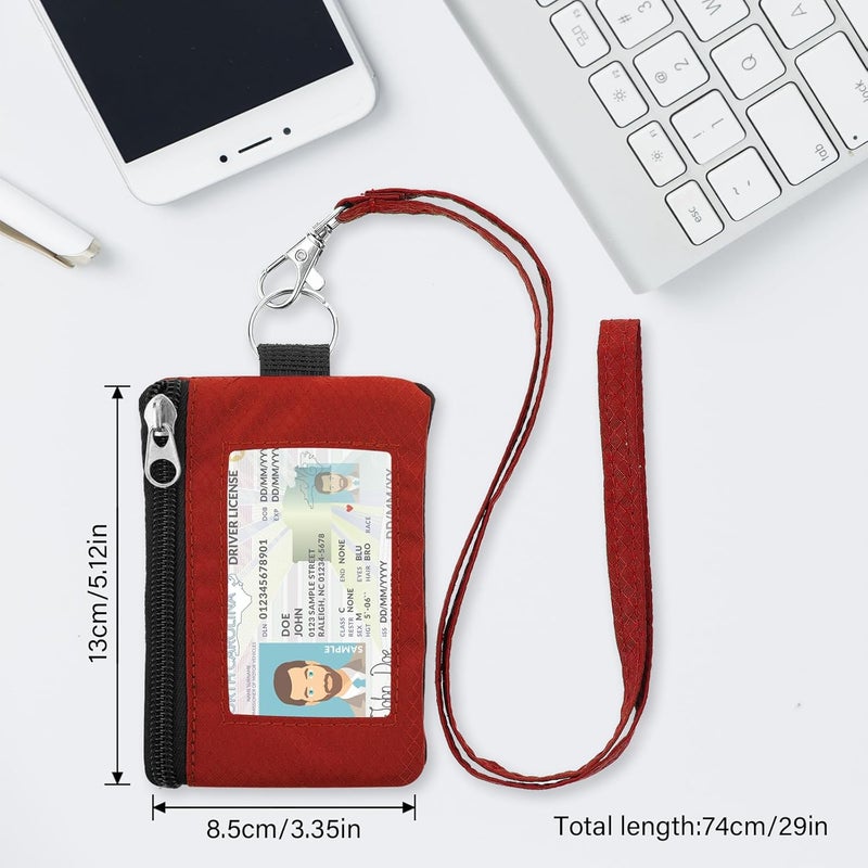 ZHOMA Minimalist RFID Wallet with Lanyard, Multi-Functional ID Case with 2 Zipper Pockets and Key Chain for Men and Women, Tactical Badge Pouch Cards Holder, Coin Purse for Travel Sports - Red&Pink - Image 5